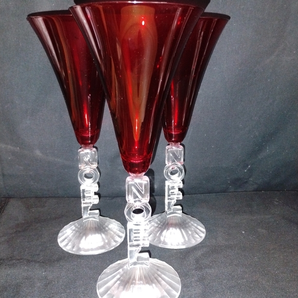 Cristal D'Arques Ruby Red Noel Christmas Champagne Glasses Flutes 9.5” Set of 3 - Picture 1 of 2